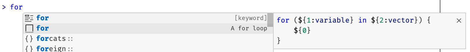 Completion list after typing “for”, showing the snippet that can be inserted